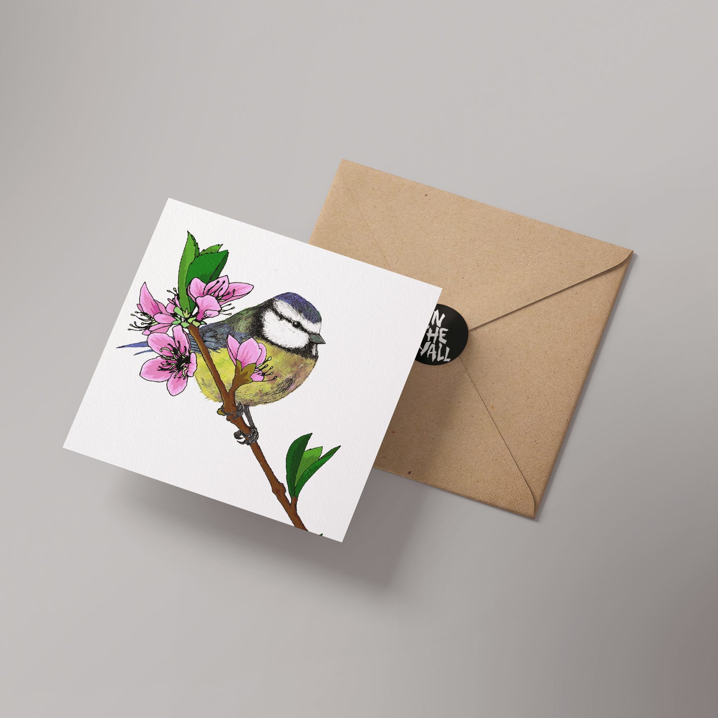 Blue Tit and Cherry Blossom Greetings Card 14x14cm (blank inside)