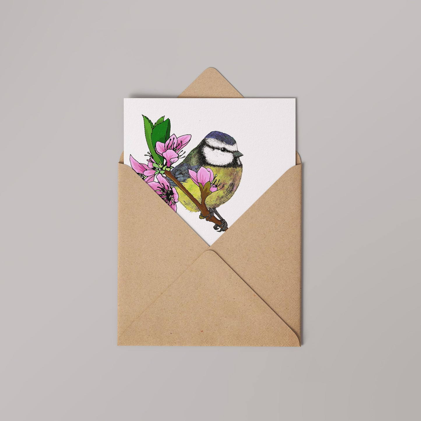 Blue Tit and Cherry Blossom Greetings Card 14x14cm (blank inside)