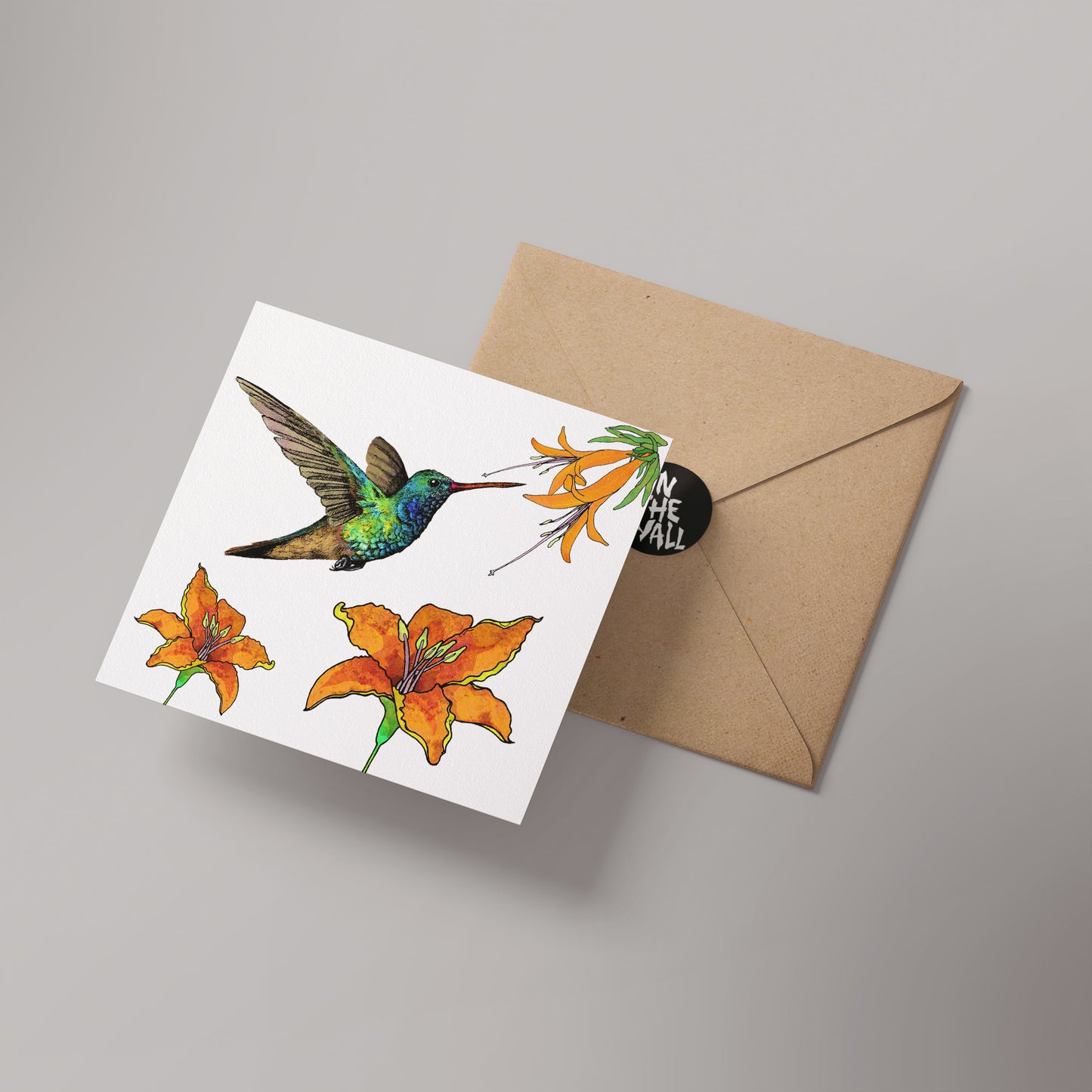 Broad-Billed Humming Bird with Orange Flowers Greetings Card 14x14cm (blank inside)