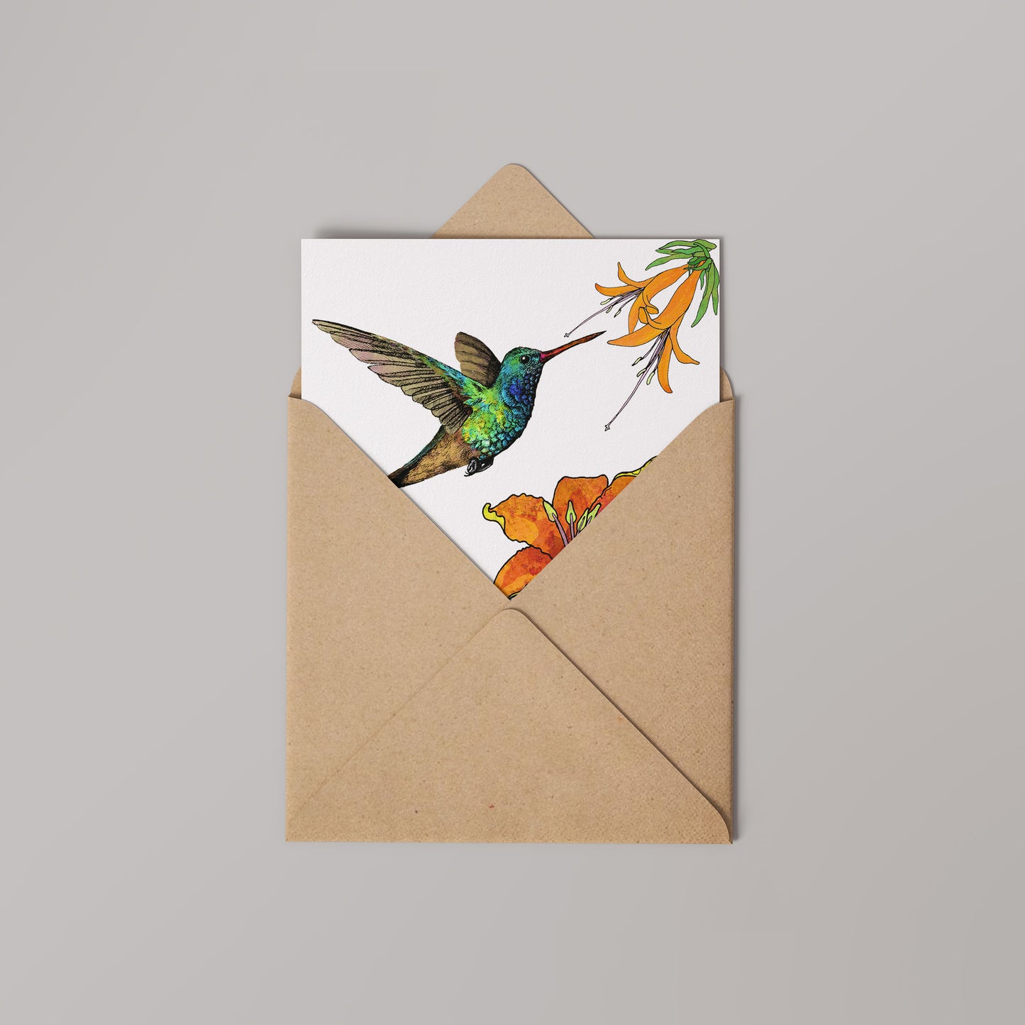 Broad-Billed Humming Bird with Orange Flowers Greetings Card 14x14cm (blank inside)