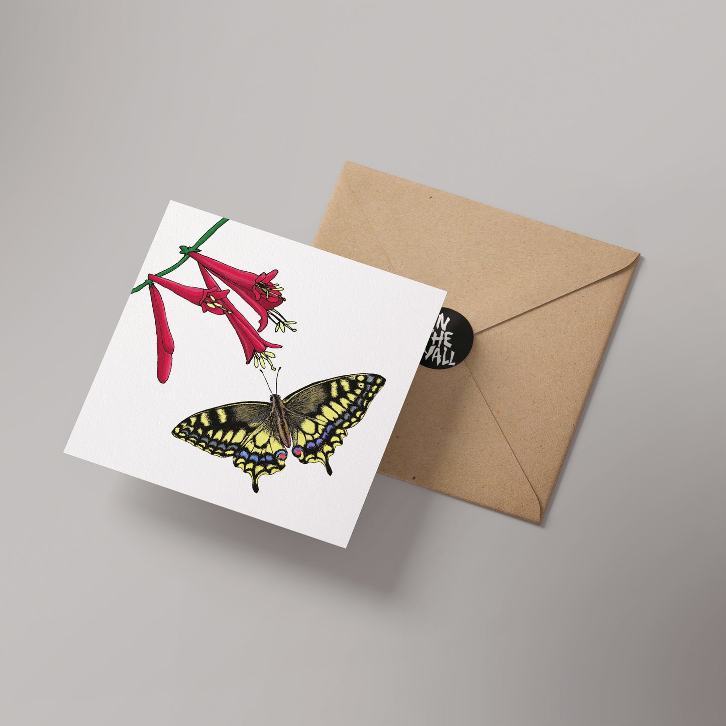 Swallowtail and Dropmore Scarlet Honeysuckle Greetings Card 14x14cm (blank inside)