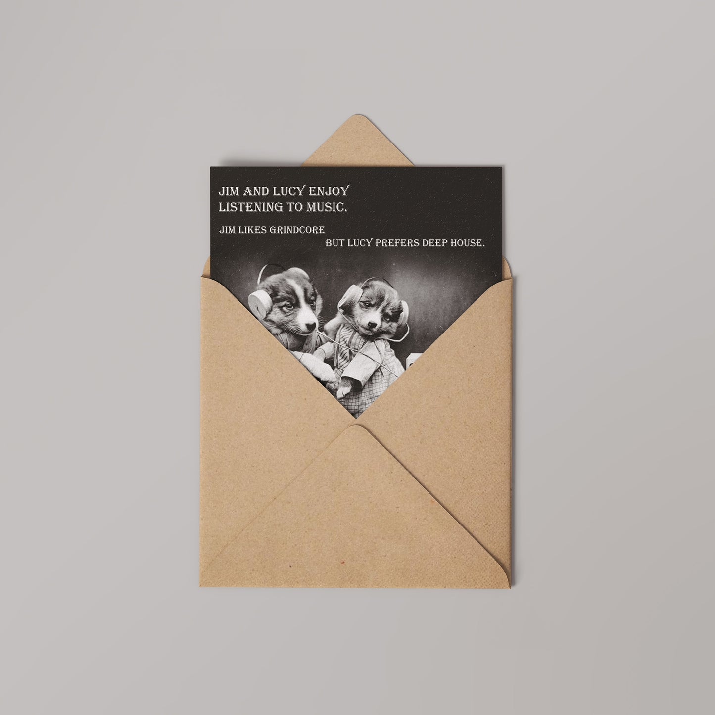 Puppy Music Tastes Vinatge Comedy 14x14cm Greetings card (Blank Inside)