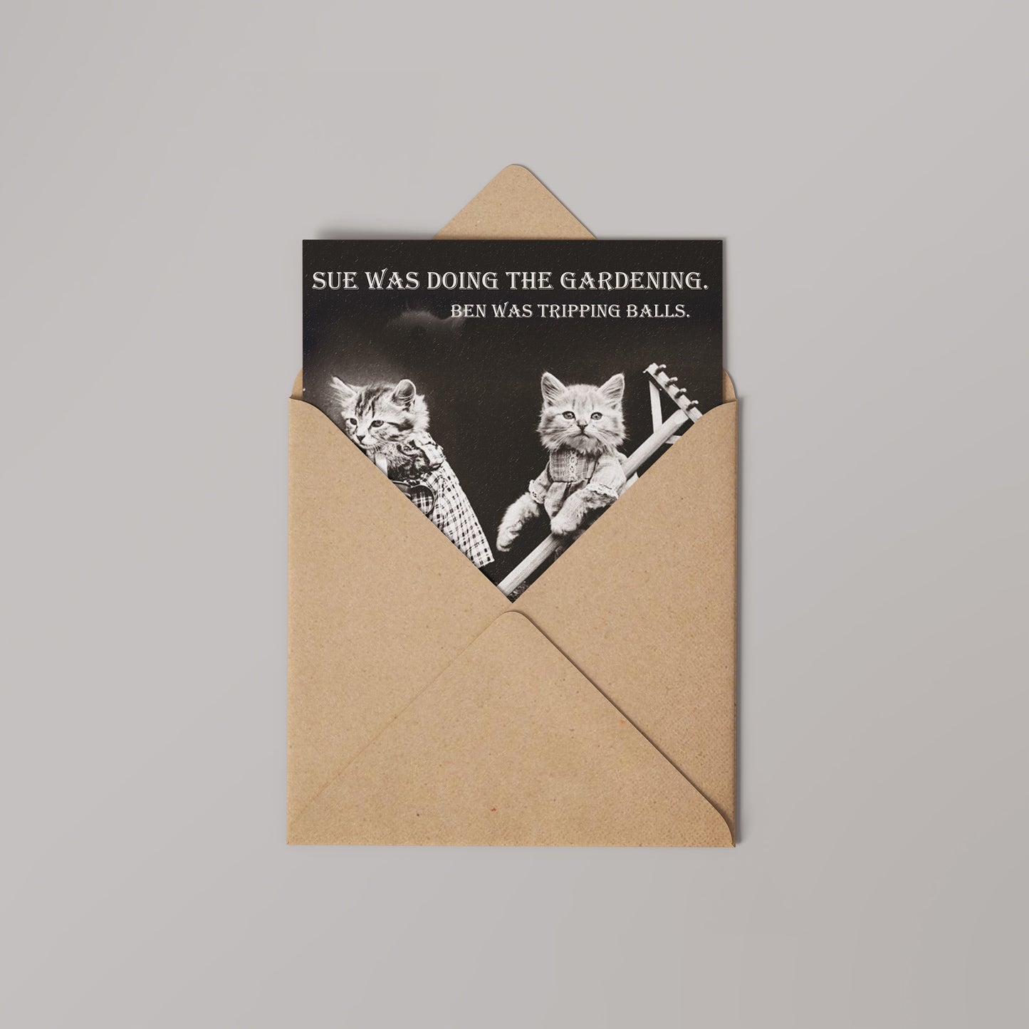 Gardening Trippy Cat Vinatge Comedy 14x14cm Greetings card (Blank Inside)
