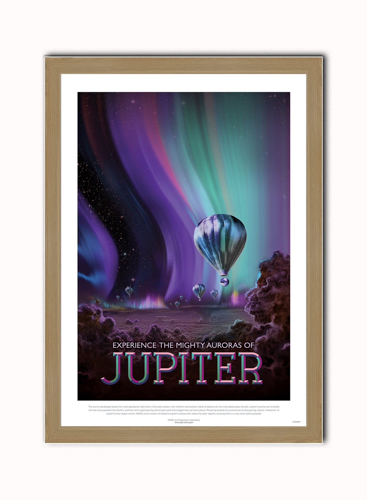 Jupiter, The Great Voyage, Space Travel, Tourism NASA, Solar System, Planets Art Print Poster Vintage Poster Wall Art Print 50x70cm Light Wood Frame