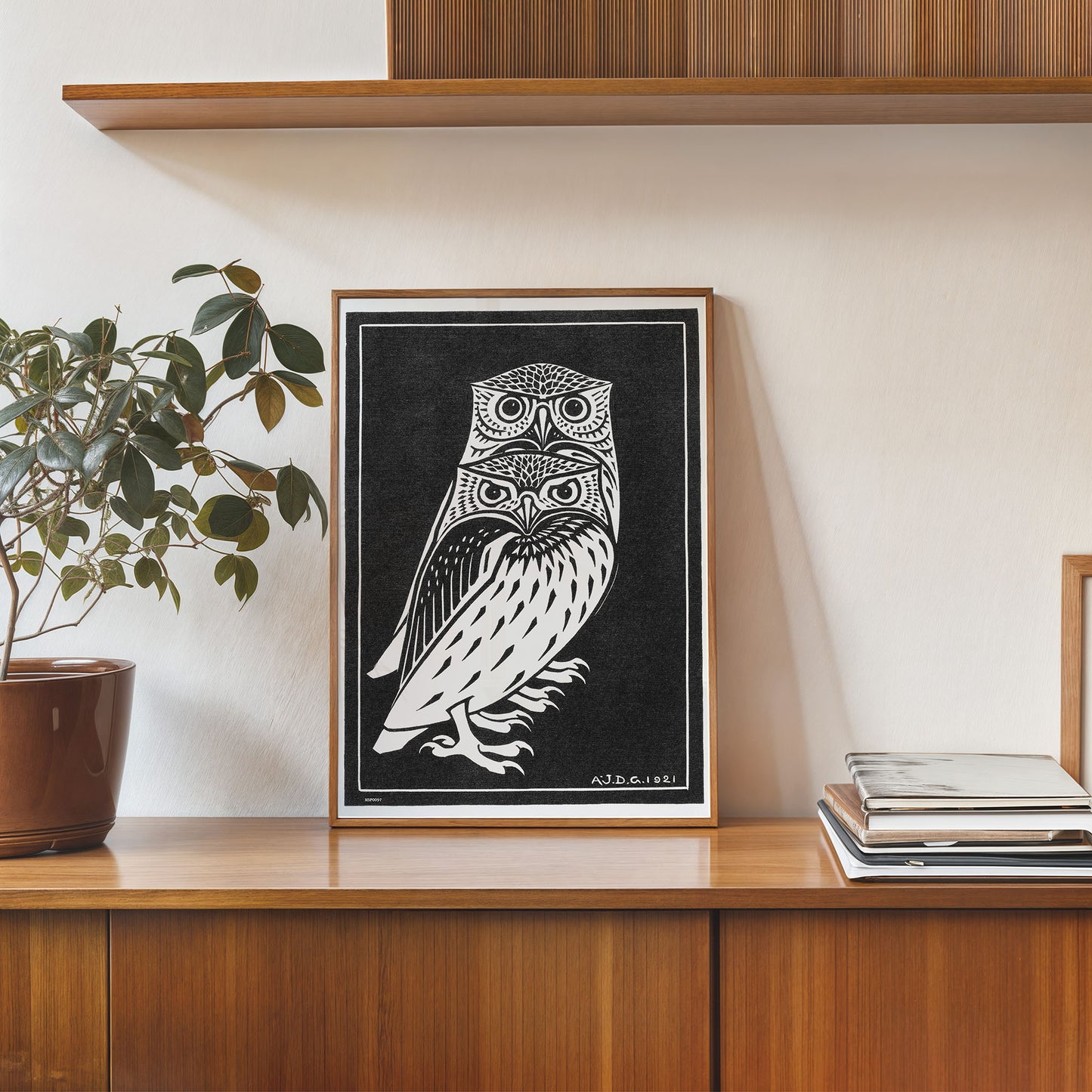 Two owls by Julie de Graag vintage illustration Art Print 30x40cm