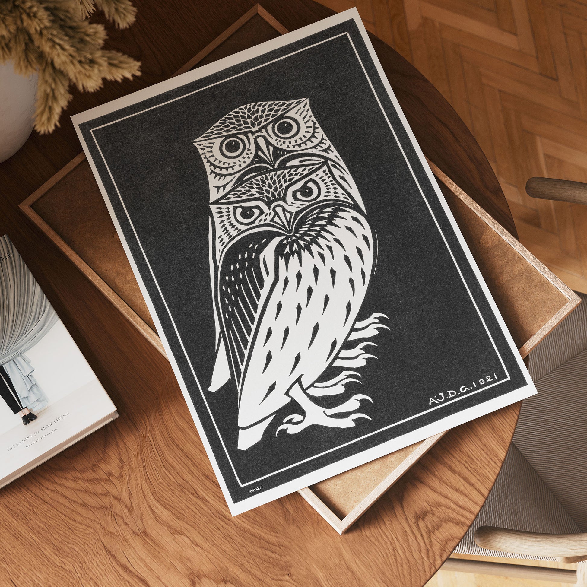 Two owls by Julie de Graag vintage illustration Art Print 30x40cm