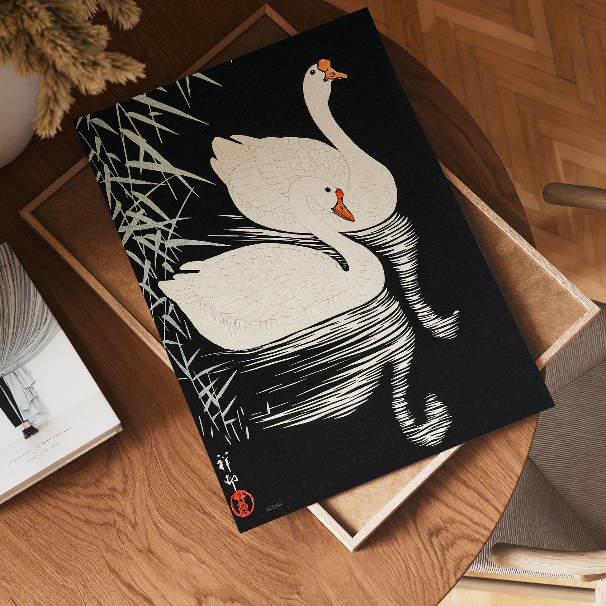 Swans Refelicting on the river by Ohara Koson 1900 - 1945 Japenese Poster Art Print 30x40cm