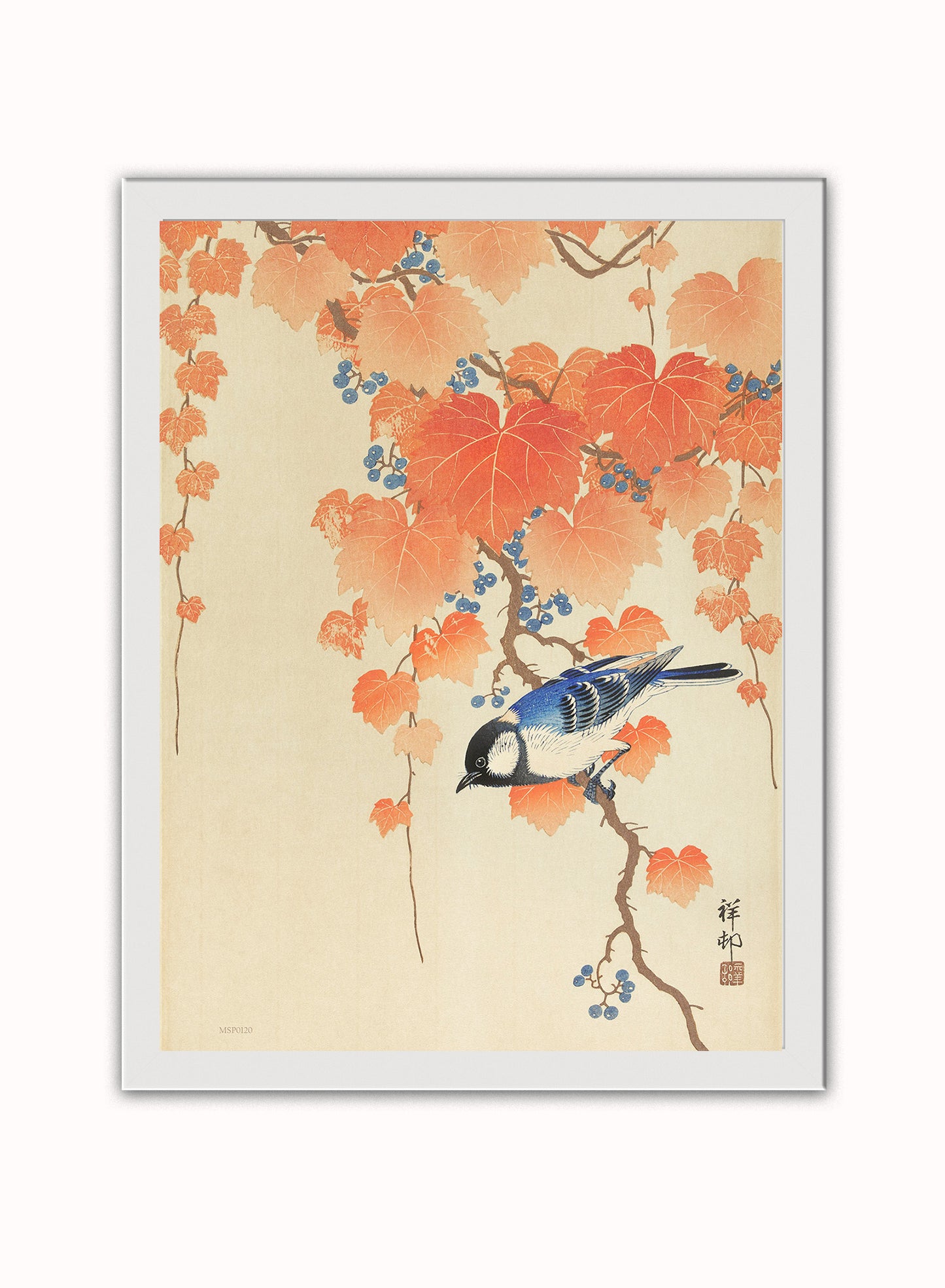 Great Tit on Paulownia Beach by Ohara Koson 1900 - 1945 Japenese Poster Art Print Print – Ohara Koson Vintage Poster Wall Art 30x40cm White Frame