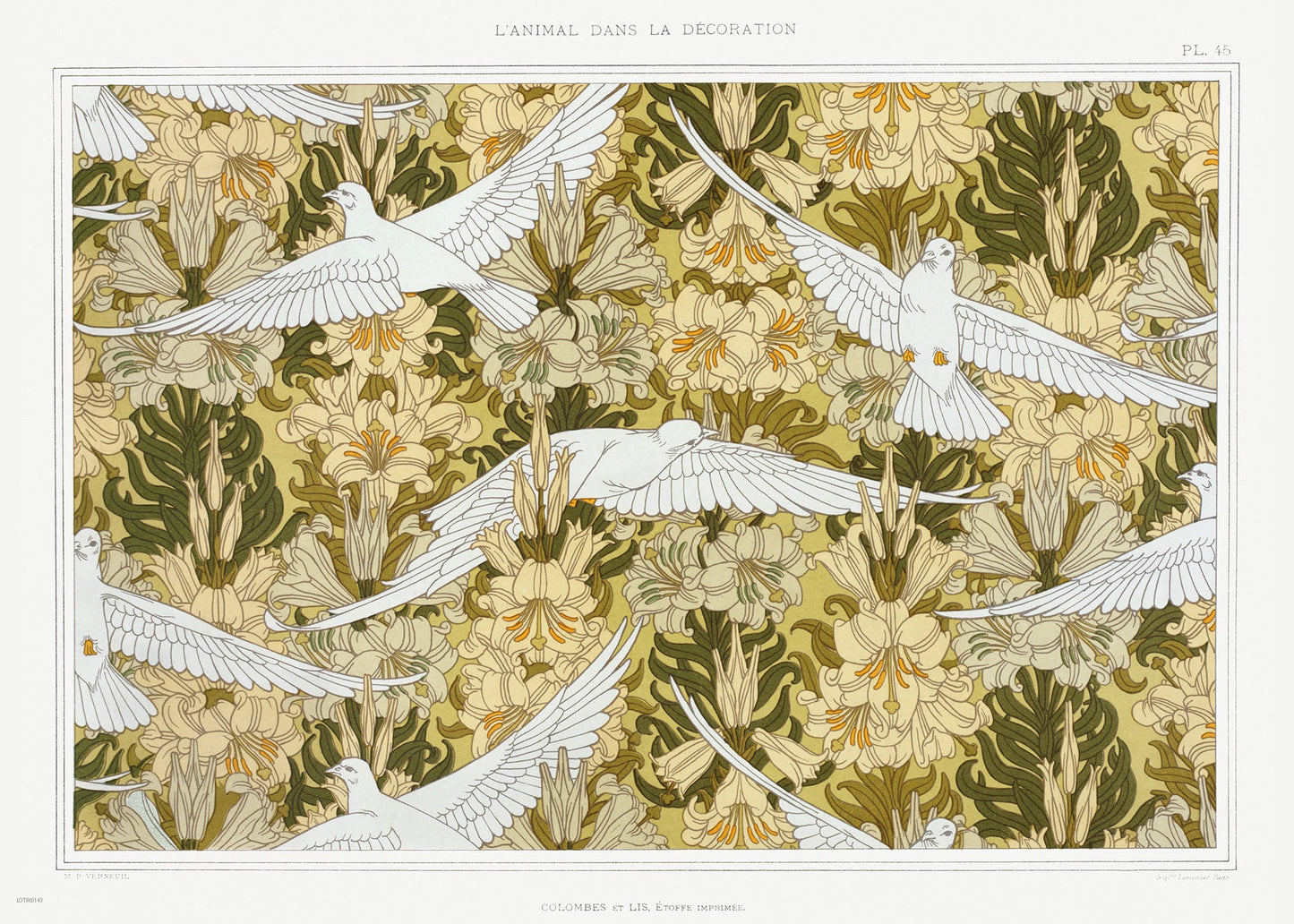 Botanical 50x70cm Art Print Colombes et lis, Žtoffe imprimŽe from animal dans la dŽcoration (1897) illustrated by Maurice Pillard Verneuil