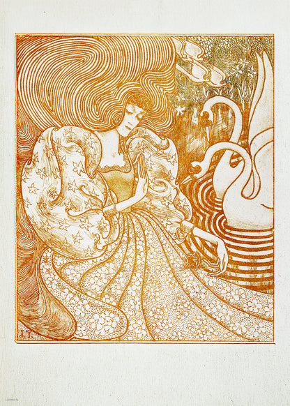 Woman with a Butterfly at a Pond with Two Swans (1894) by Jan Toorop Art Poster Print. Print – Jan Toorop Art Poster Print. Vintage Poster Wall Art 50x70cm