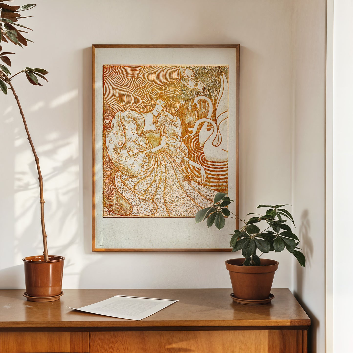 Woman with a Butterfly at a Pond with Two Swans (1894) by Jan Toorop Art Poster Print. Print – Jan Toorop Art Poster Print. Vintage Poster Wall Art 50x70cm