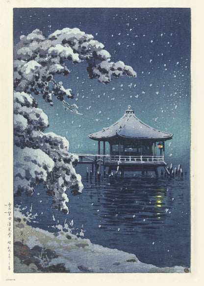 Snow at the Ukimido Japanese Poster by artist Tsuchiya Koitsu Print – artist Tsuchiya Koitsu Japanese Wall Art 50x70cm