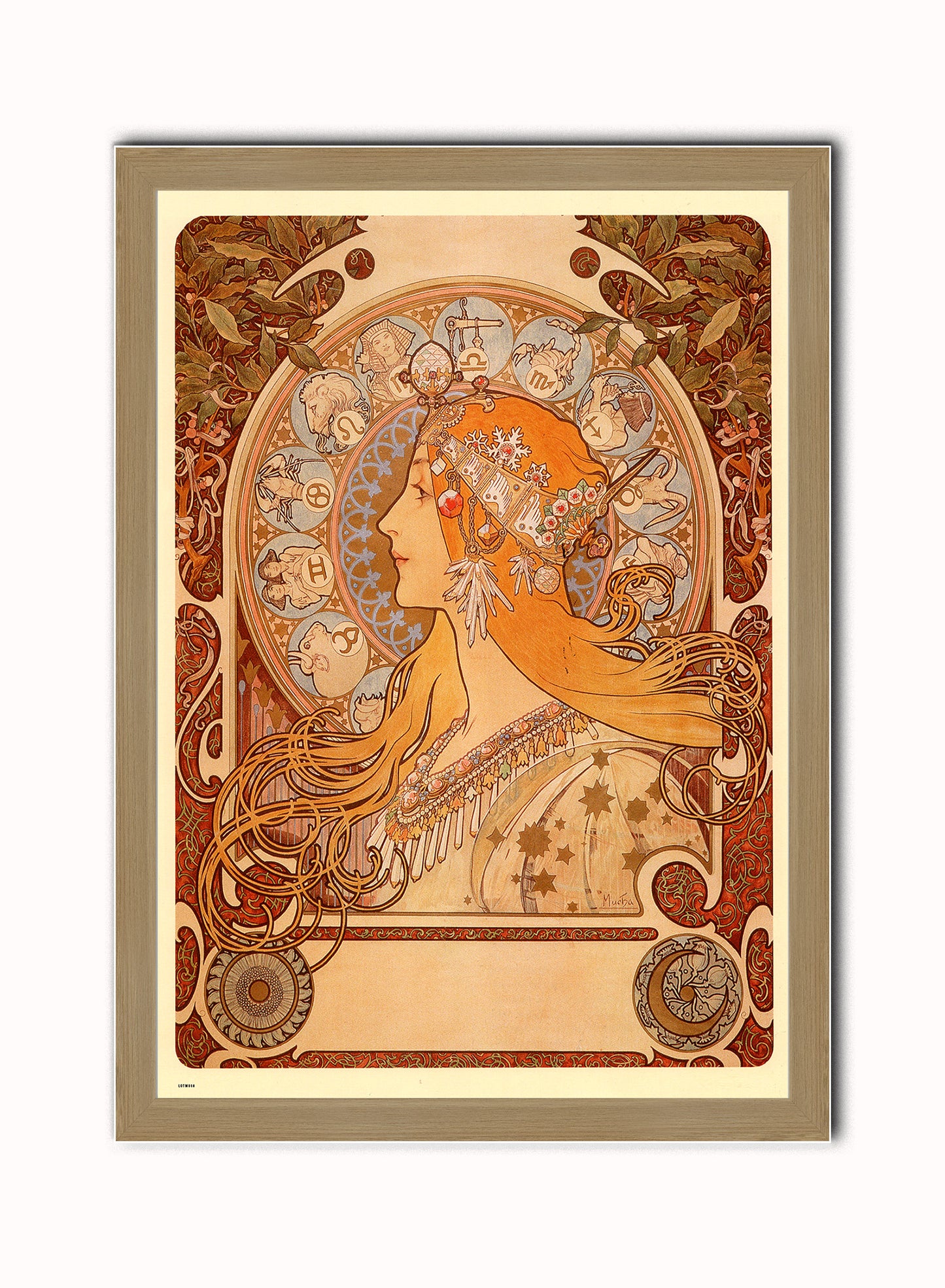 Alphonse Mucha Zodiak Art nouveau Vintage Art Wall Art Print 70x50cm Light Wood Frame