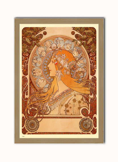 Alphonse Mucha Zodiak Art nouveau Vintage Art Wall Art Print 70x50cm Light Wood Frame