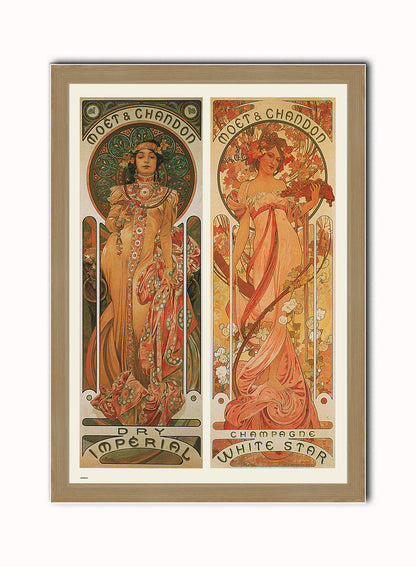 Alphonse Mucha Moet Art nouveau Vintage Art Wall Art Print 70x50cm Light Wood Frame