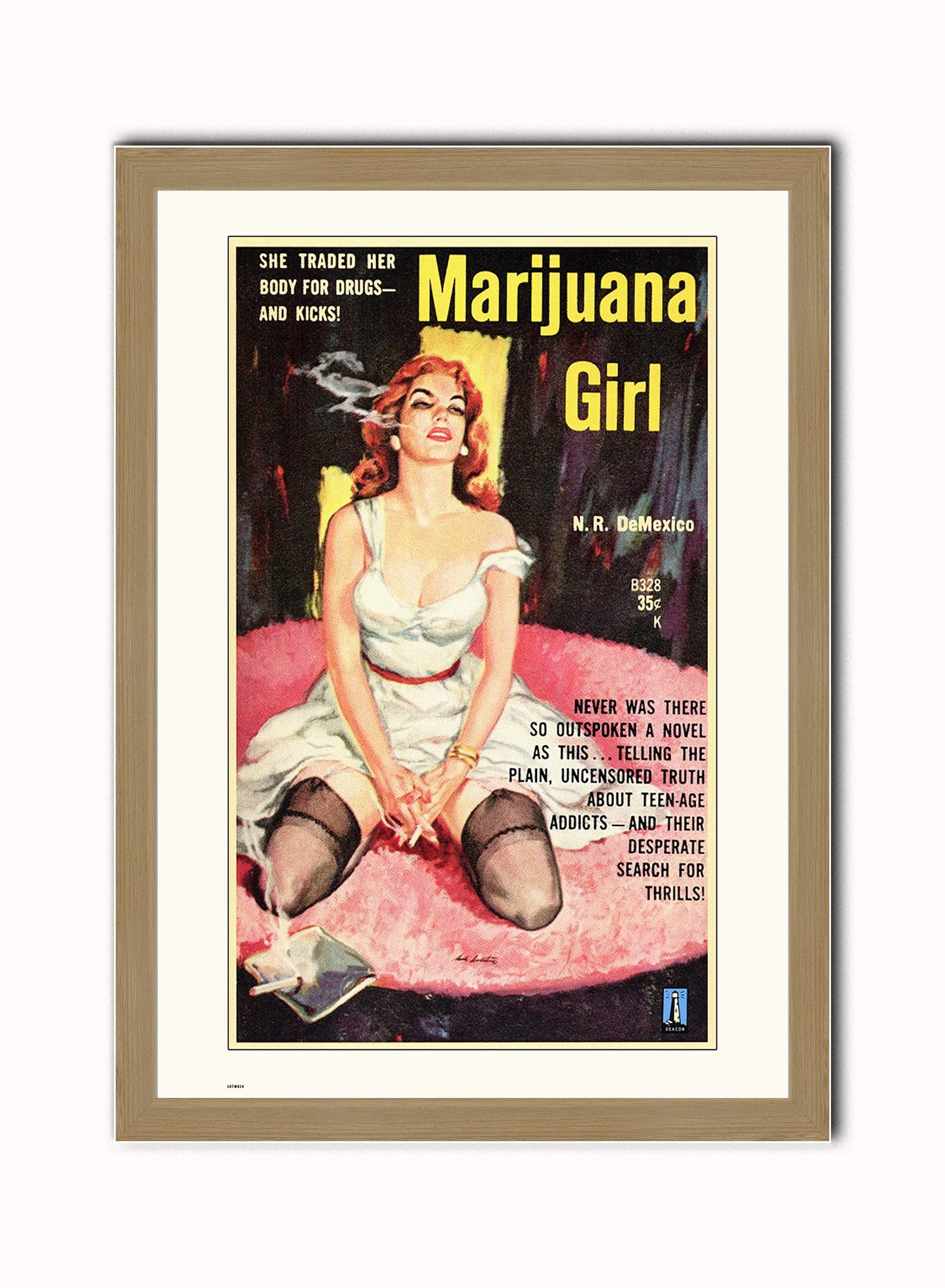Marijuana Girl Vintage Art Wall Art Print Light Wood Frame