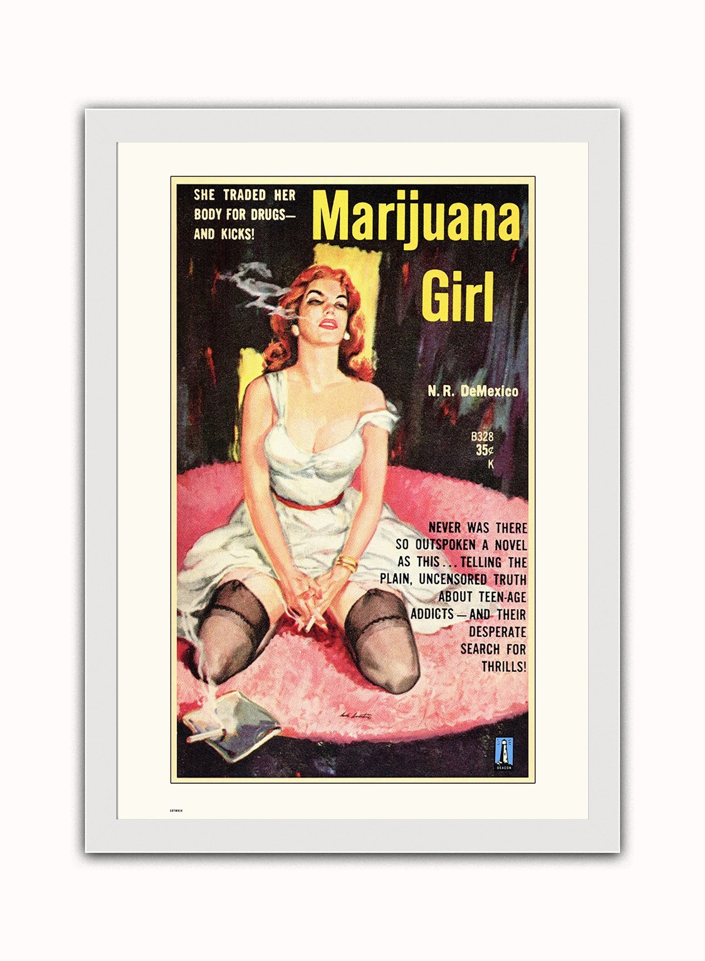 Marijuana Girl Vintage Art Wall Art Print White Frame