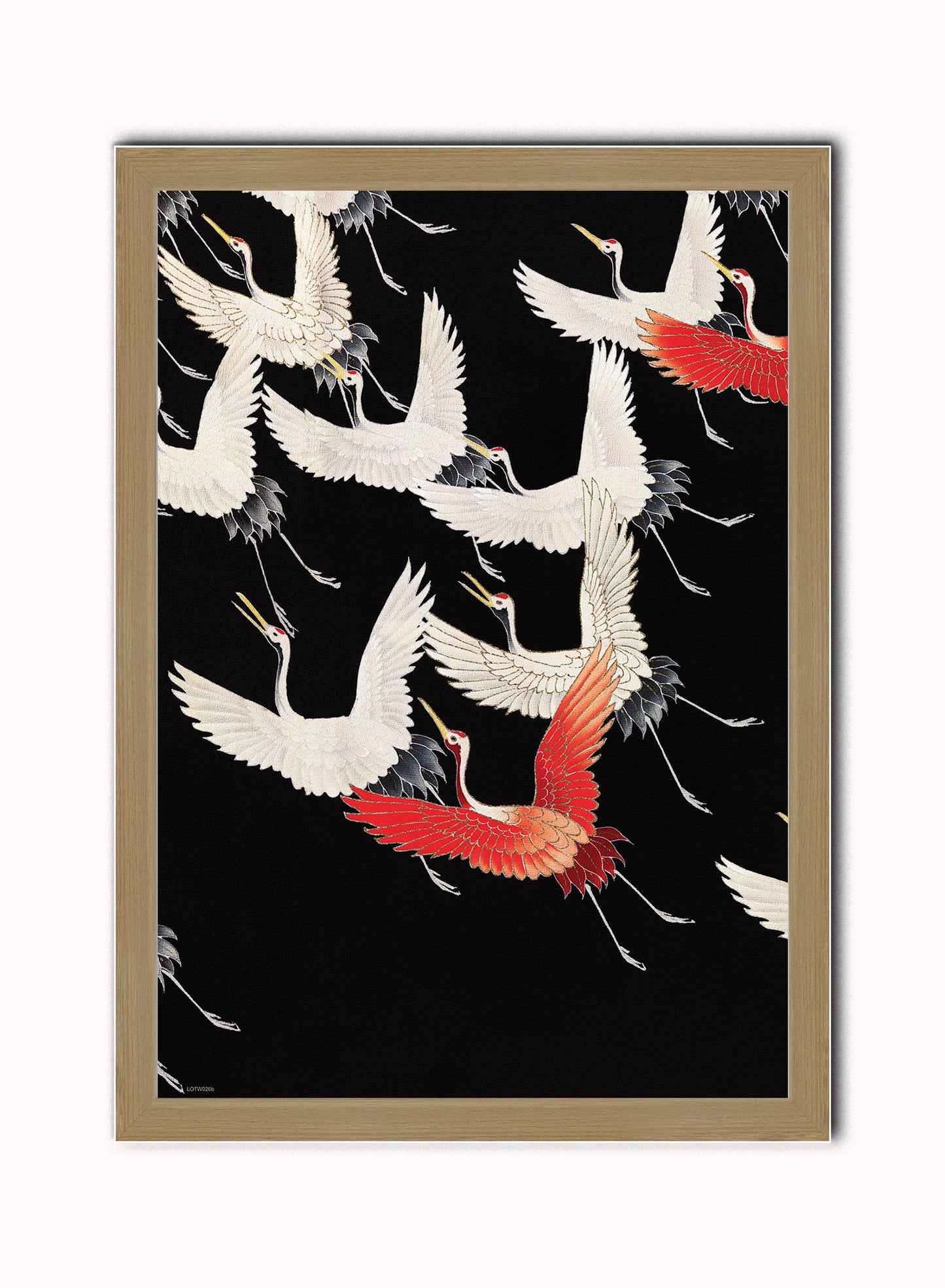 Japanese Crane Kimono Pattern Japanese Wall Art Print 50x70cm Light Wood Frame