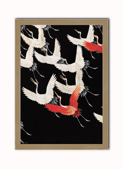 Japanese Crane Kimono Pattern Japanese Wall Art Print 50x70cm Light Wood Frame