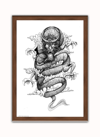 Dragon by Stephen Shaw Print – Stephen Shaw Vintage Art Wall Art 50x70cm Dark Wood Frame