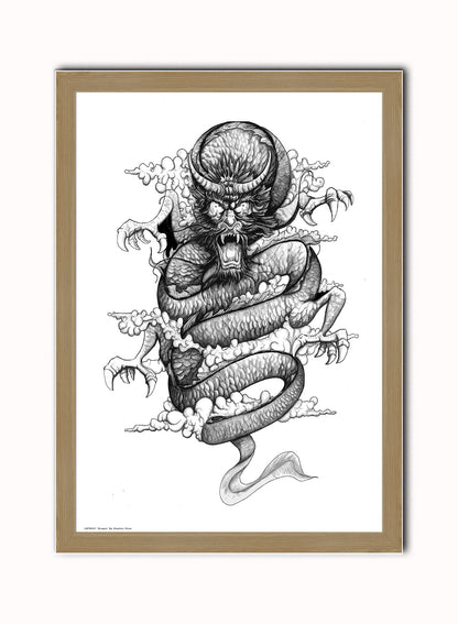 Dragon by Stephen Shaw Print – Stephen Shaw Vintage Art Wall Art 50x70cm Light Wood Frame