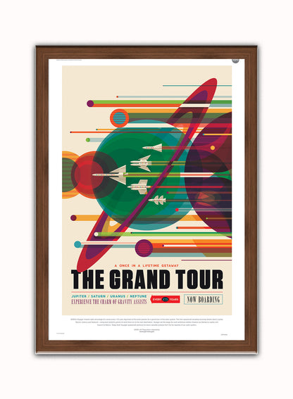 The Grand Tour, The Great Voyage Space Travel, Tourism NASA, Solar System, Planets, Rocketship Art Print Poster Vintage Poster Wall Art Print 50x70cm Dark Wood Frame