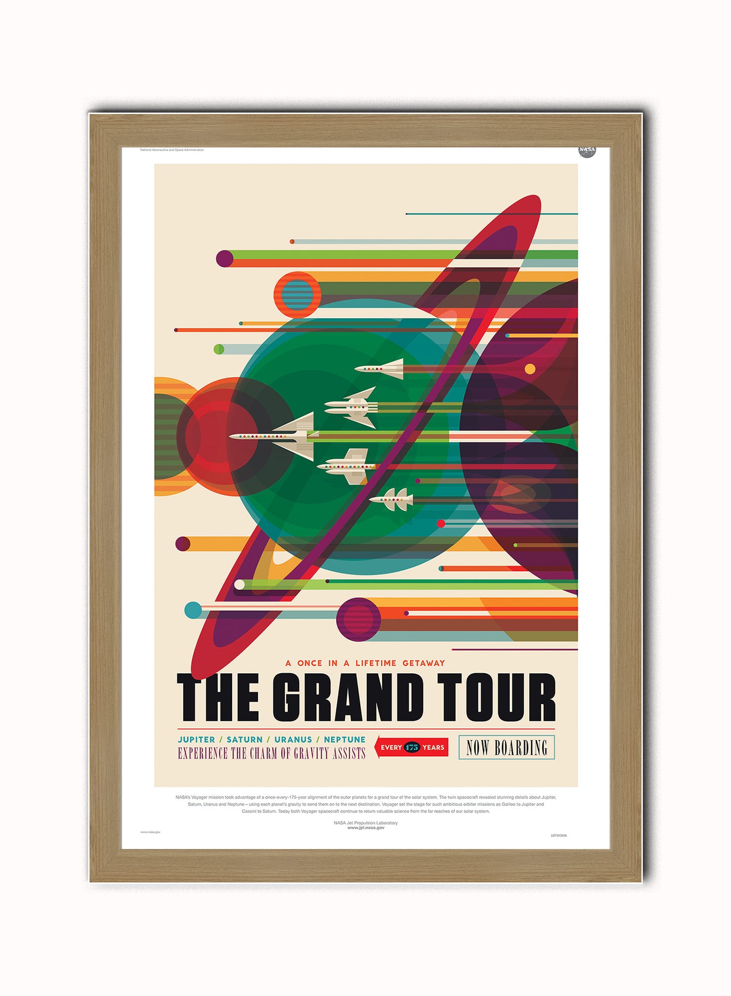The Grand Tour, The Great Voyage Space Travel, Tourism NASA, Solar System, Planets, Rocketship Art Print Poster Vintage Poster Wall Art Print 50x70cm Light Wood Frame