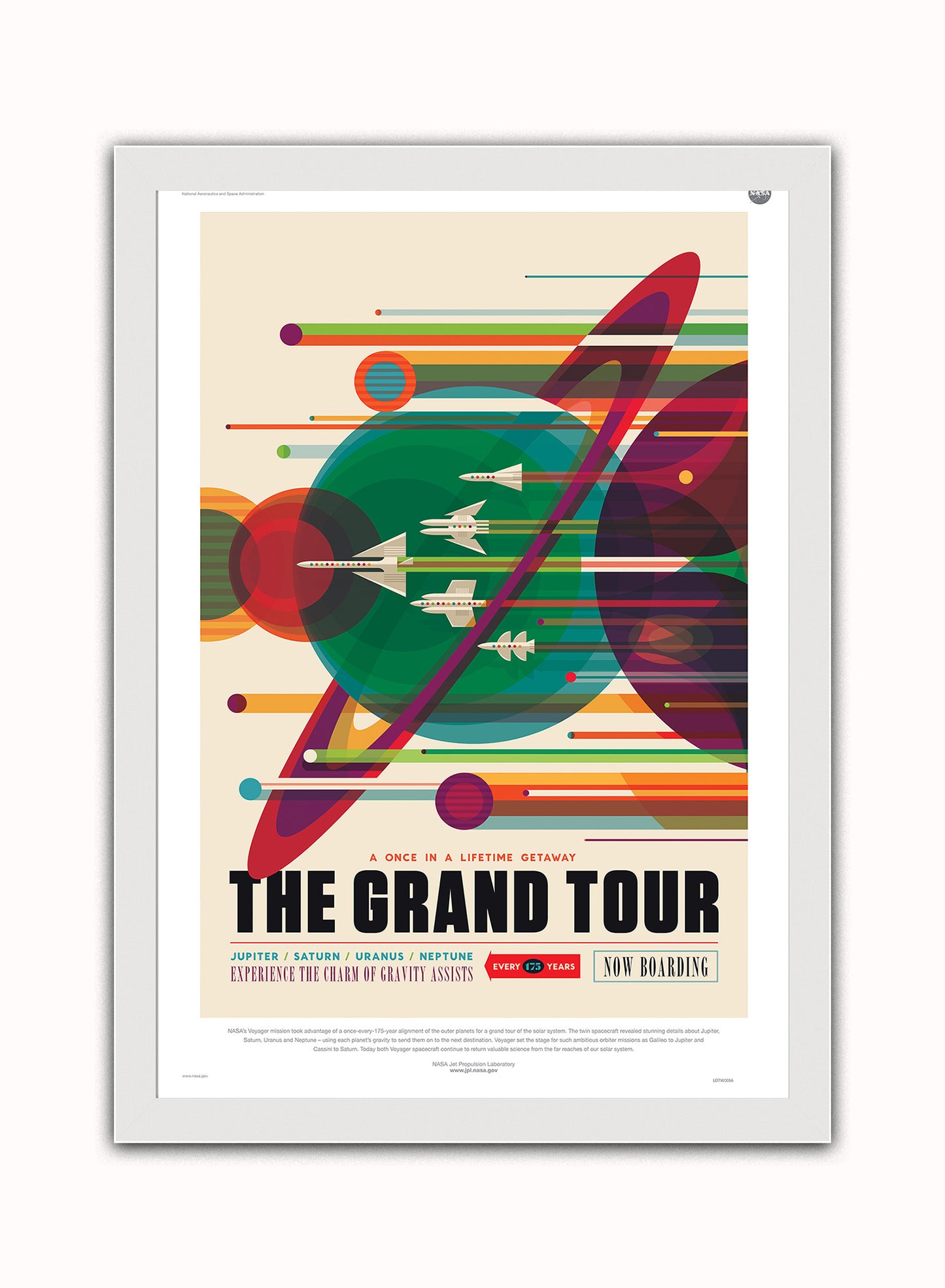 The Grand Tour, The Great Voyage Space Travel, Tourism NASA, Solar System, Planets, Rocketship Art Print Poster Vintage Poster Wall Art Print 50x70cm White Frame