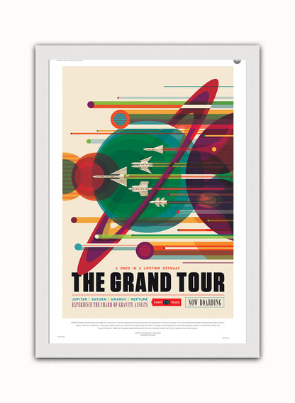 The Grand Tour, The Great Voyage Space Travel, Tourism NASA, Solar System, Planets, Rocketship Art Print Poster Vintage Poster Wall Art Print 50x70cm White Frame
