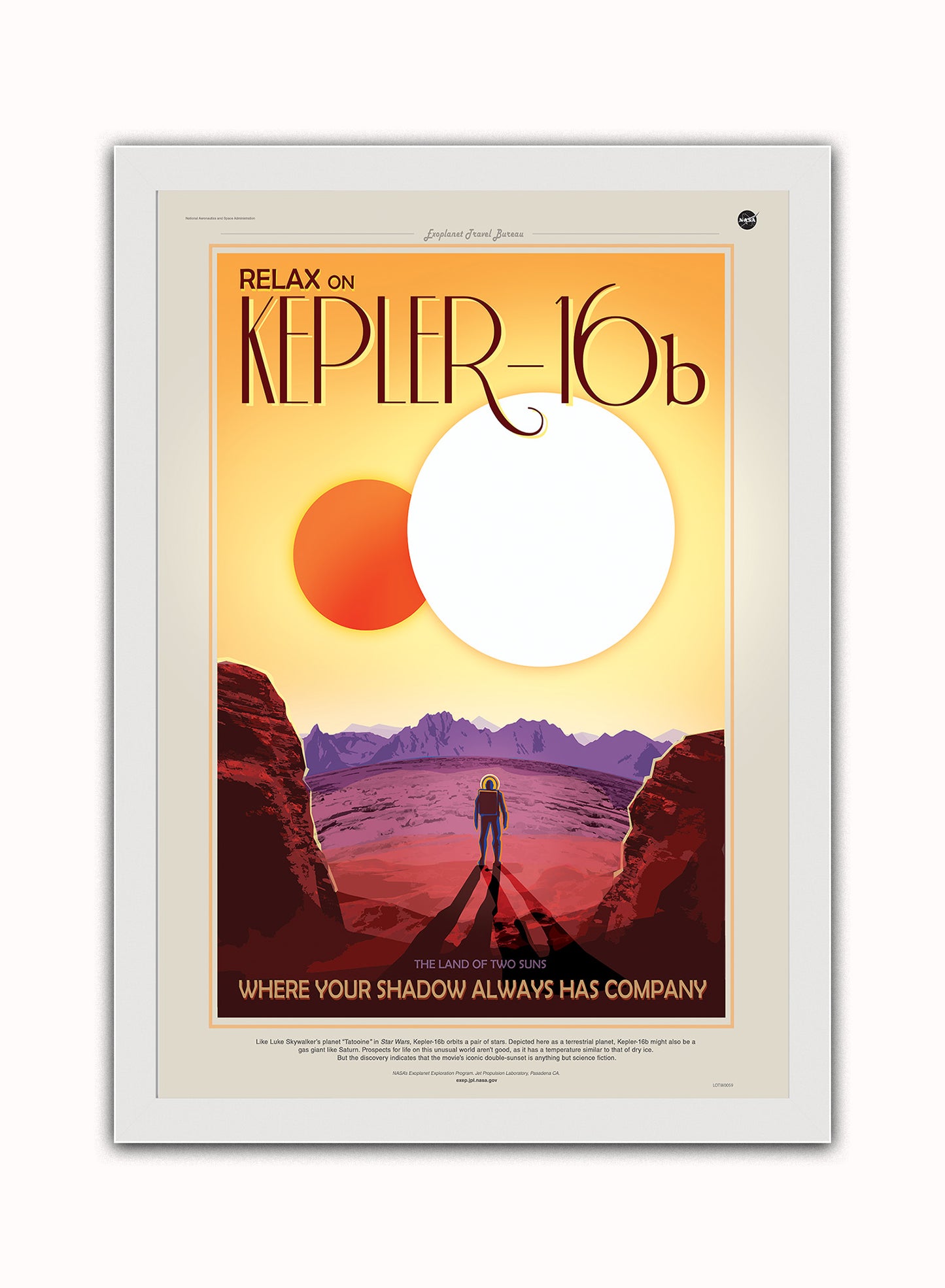 Kepler16b, Space Travel, Tourism NASA, Solar System, Planets Art Print Poster Vintage Poster Wall Art Print 50x70cm White Frame