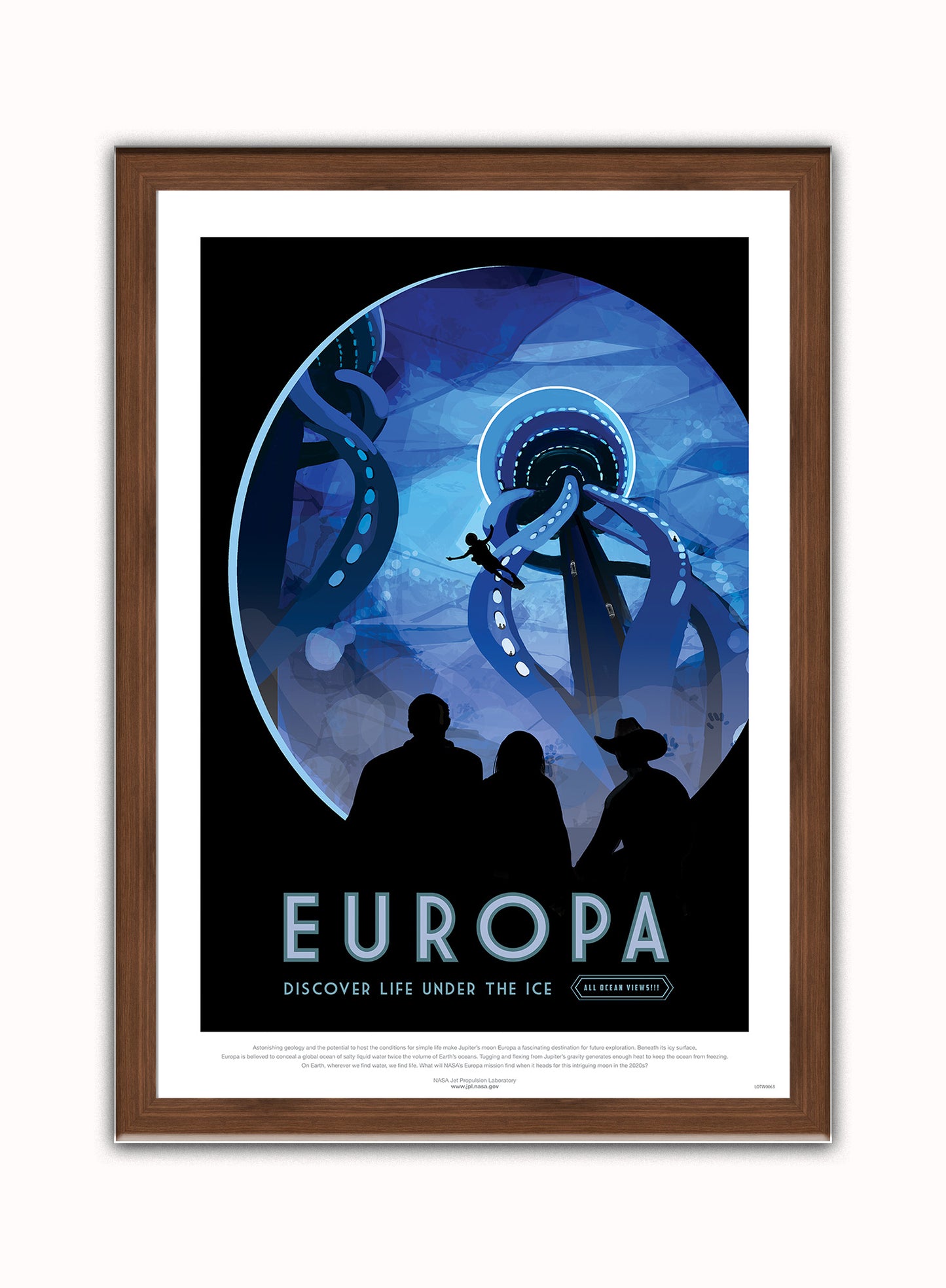 Europa, The Great Voyage, Space Travel, Tourism NASA, Solar System, Planets Art Print Poster Vintage Poster Wall Art Print 50x70cm Dark Wood Frame