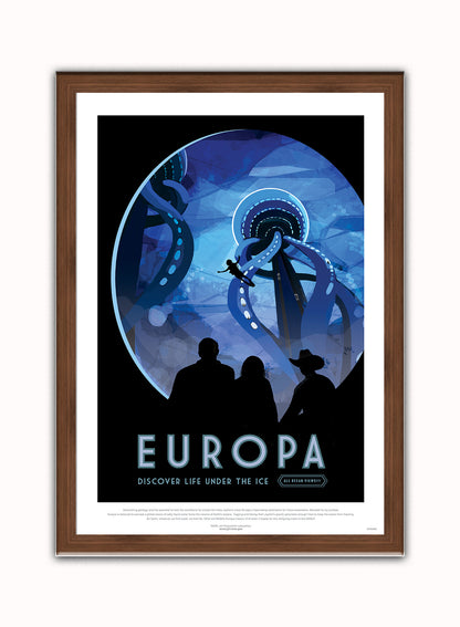 Europa, The Great Voyage, Space Travel, Tourism NASA, Solar System, Planets Art Print Poster Vintage Poster Wall Art Print 50x70cm Dark Wood Frame
