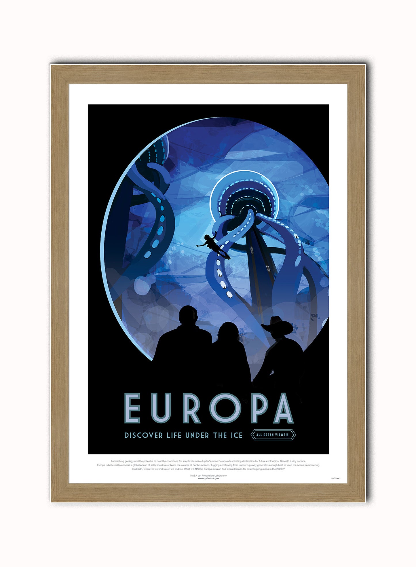 Europa, The Great Voyage, Space Travel, Tourism NASA, Solar System, Planets Art Print Poster Vintage Poster Wall Art Print 50x70cm Light Wood Frame