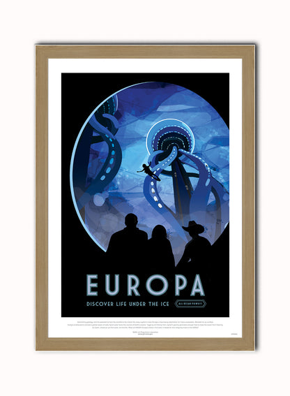 Europa, The Great Voyage, Space Travel, Tourism NASA, Solar System, Planets Art Print Poster Vintage Poster Wall Art Print 50x70cm Light Wood Frame