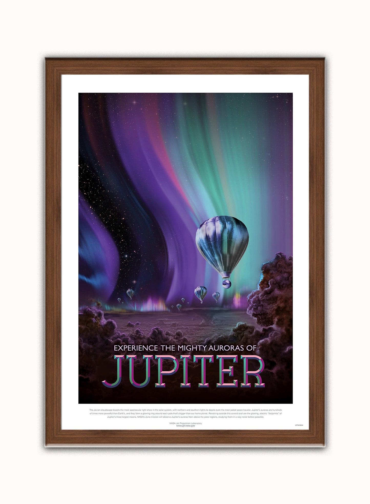 Jupiter, The Great Voyage, Space Travel, Tourism NASA, Solar System, Planets Art Print Poster Vintage Poster Wall Art Print 50x70cm Dark Wood Frame