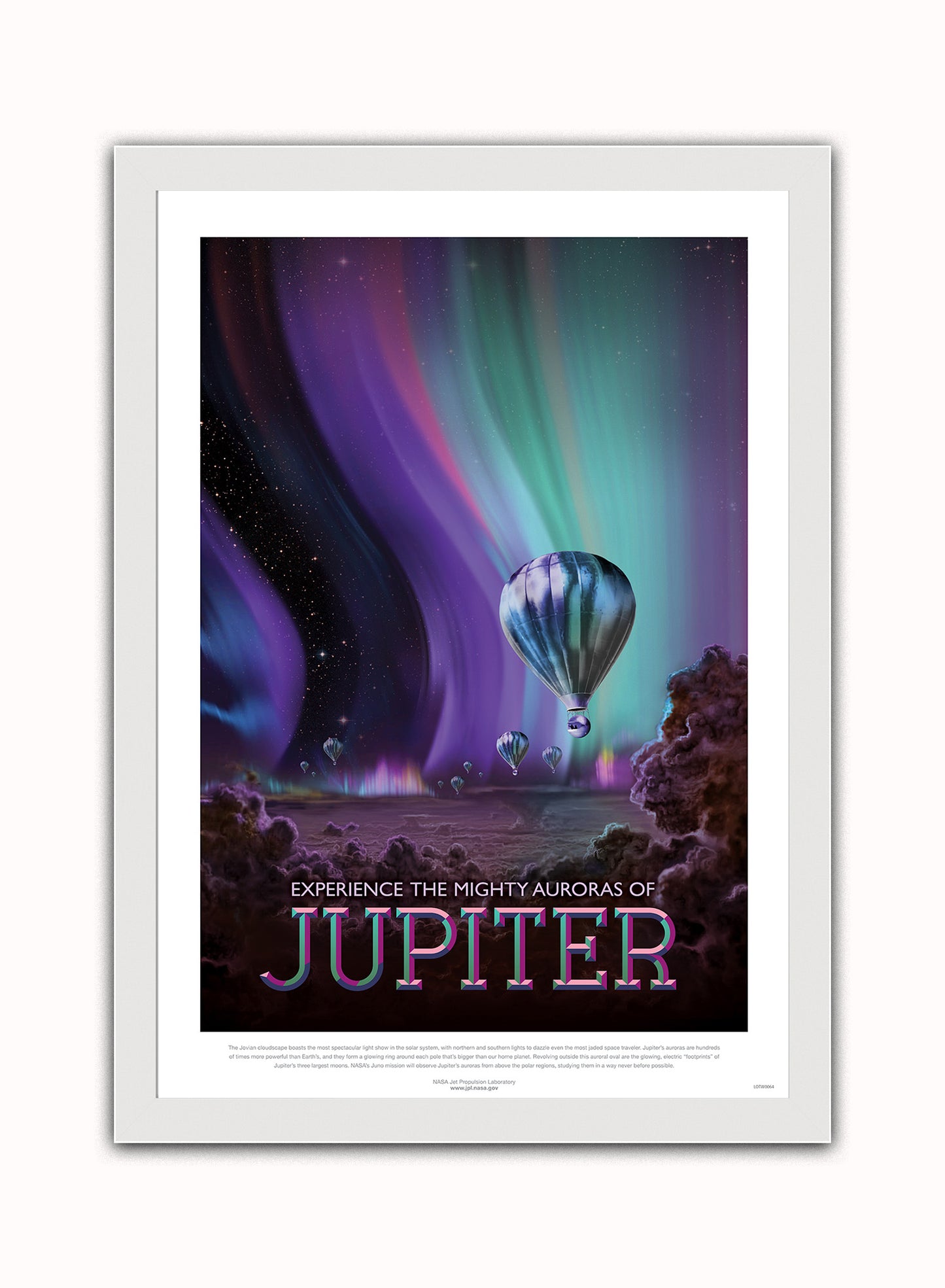 Jupiter, The Great Voyage, Space Travel, Tourism NASA, Solar System, Planets Art Print Poster Vintage Poster Wall Art Print 50x70cm White Frame