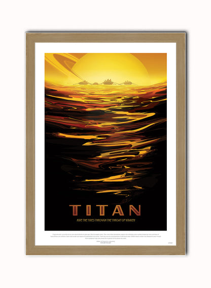 Titan, River, The Great Voyage, Space Travel, Tourism NASA,  Art Print Poster Vintage Poster Wall Art Print 50x70cm Light Wood Frame