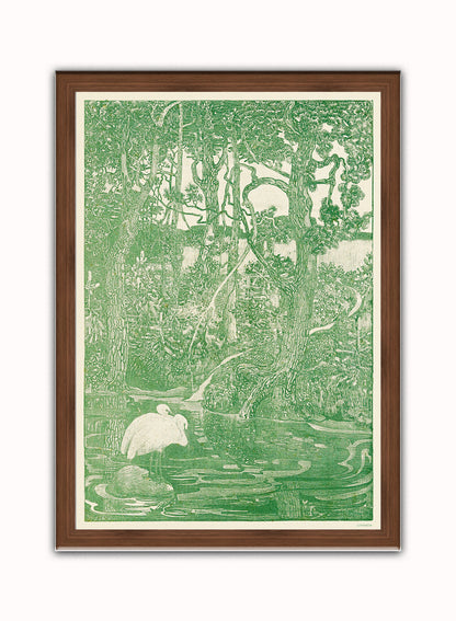 Two Herons in a Forest Pond Print – Theo Van Hoytema Vintage Art Wall Art 50x70cm Dark Wood Frame