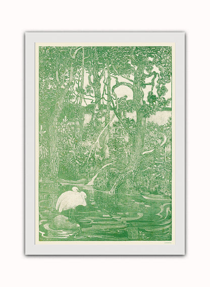 Two Herons in a Forest Pond Print – Theo Van Hoytema Vintage Art Wall Art 50x70cm White Frame