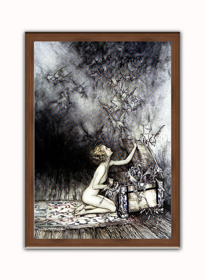 Pandora's Box by Arthur Rackham Print – Arthur Rackham Vintage Art Wall Art 50x70cm Dark Wood Frame