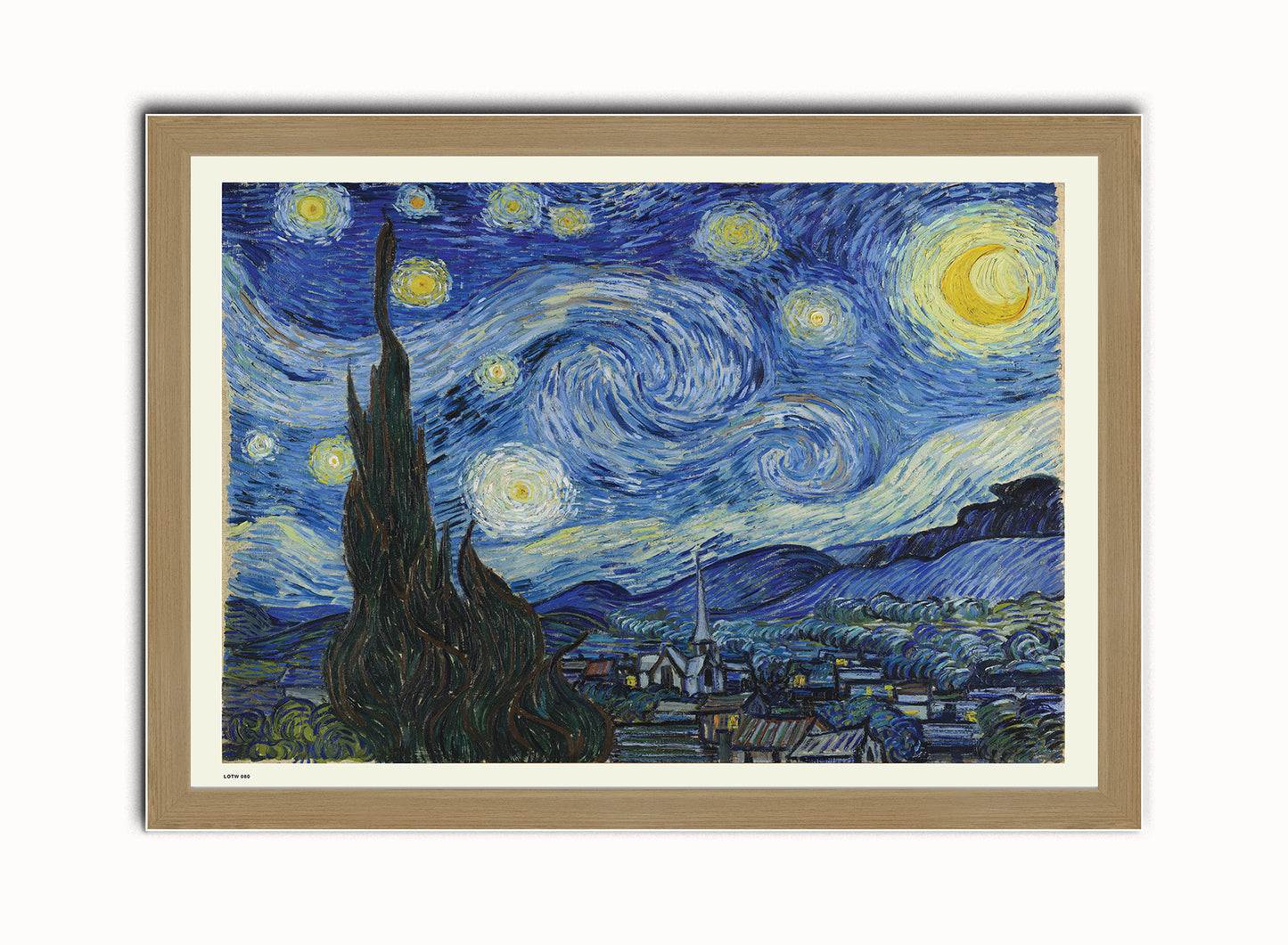 Vincent van Gogh, The Starry Night, Post Impressionism, Painting Art Print Poster Vintage Poster Wall Art Print 50x70cm Light Wood Frame