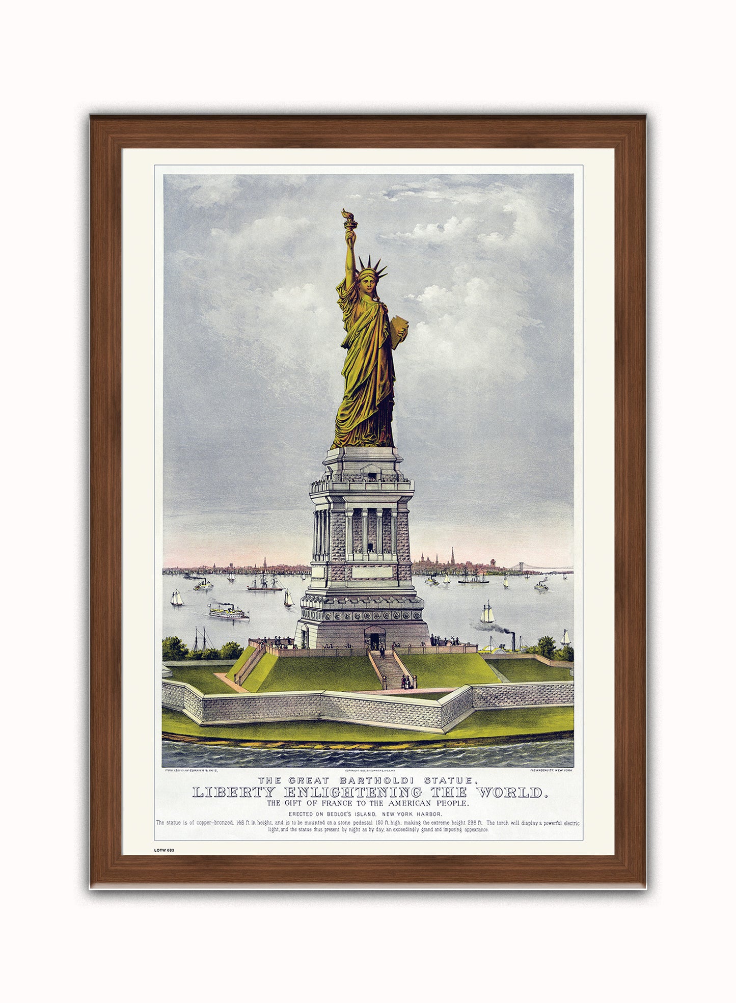 New York Statue of Libery, Vintage American Illustrated Art Print Poster Vintage Poster Wall Art Print 50x70cm Dark Wood Frame