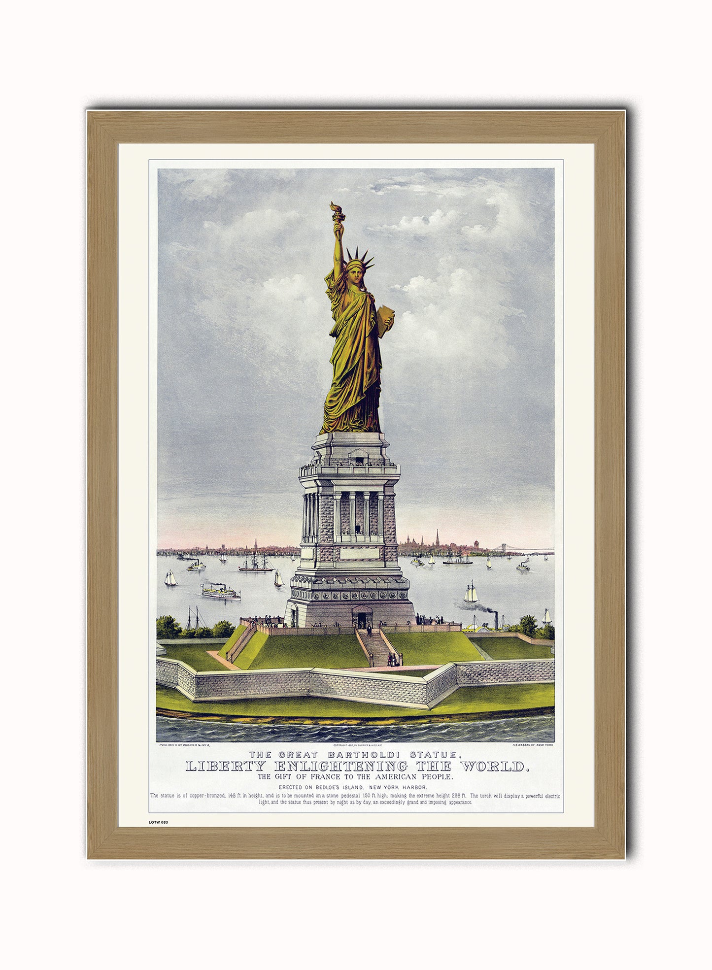 New York Statue of Libery, Vintage American Illustrated Art Print Poster Vintage Poster Wall Art Print 50x70cm Light Wood Frame