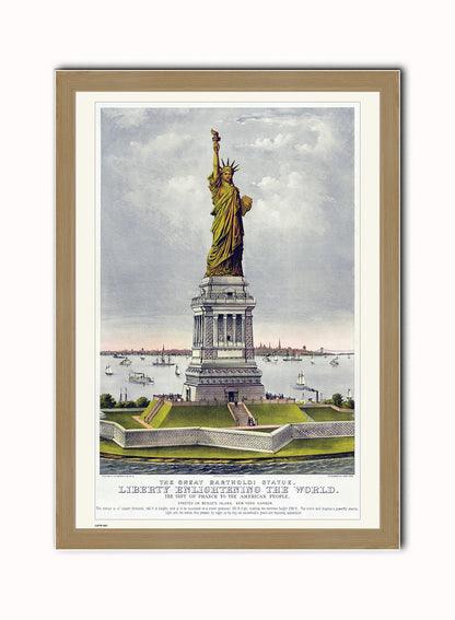 New York Statue of Libery, Vintage American Illustrated Art Print Poster Vintage Poster Wall Art Print 50x70cm Light Wood Frame