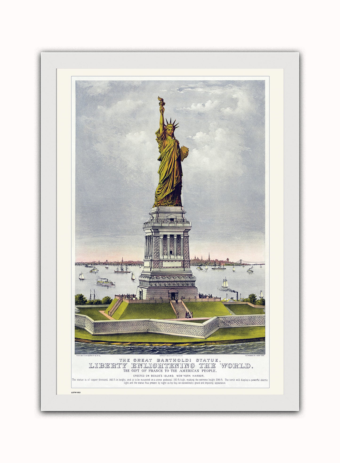 New York Statue of Libery, Vintage American Illustrated Art Print Poster Vintage Poster Wall Art Print 50x70cm White Frame