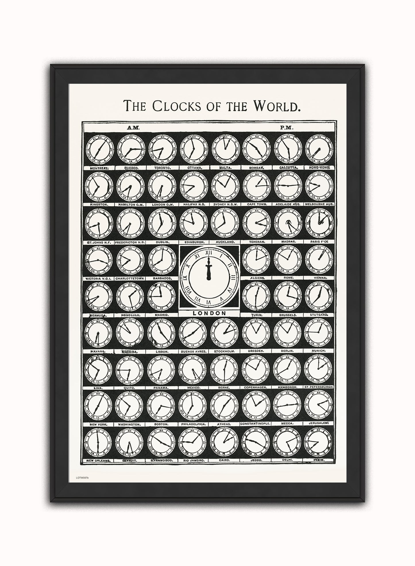 Clocks of the World Vintage Art Wall Art Print 50x70cm Black Frame