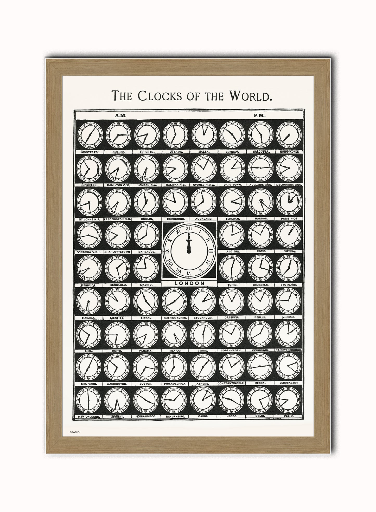 Clocks of the World Vintage Art Wall Art Print 50x70cm Light Wood Frame