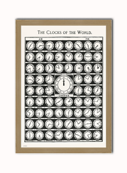 Clocks of the World Vintage Art Wall Art Print 50x70cm Light Wood Frame