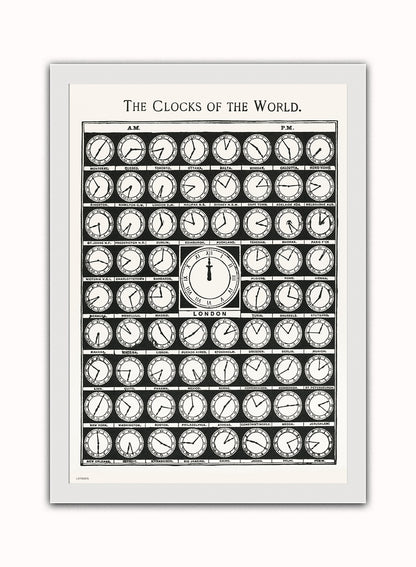 Clocks of the World Vintage Art Wall Art Print 50x70cm White Frame