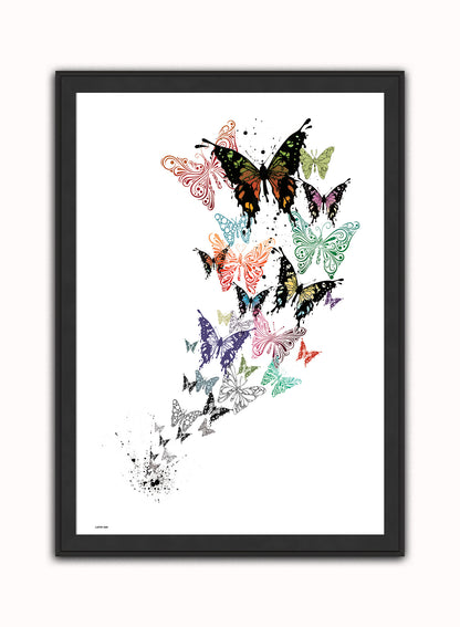 Butterflies, Contemporary Illustration Graphic Art Print Poster Vintage Poster Wall Art Print 50x70cm Black Frame